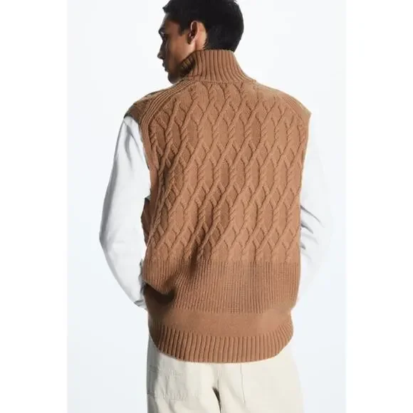 COS Men's Cable Knit Sweater Vest 100% Wool Sleeveless Full Zip Rib Knit, Tan - Picture 4 of 14